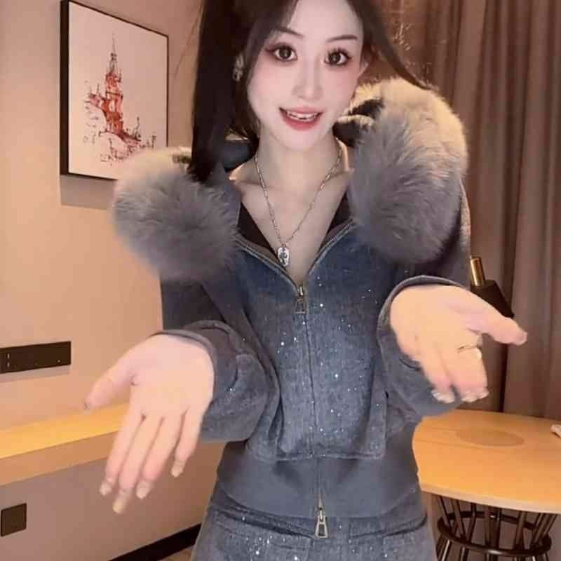 패션 외국 가스 캐주얼 털이 있는 세트 새로운 스팽글 겨울 후드 재킷 와이드 레그 팬츠 투피스 세트 상세 이미지 12