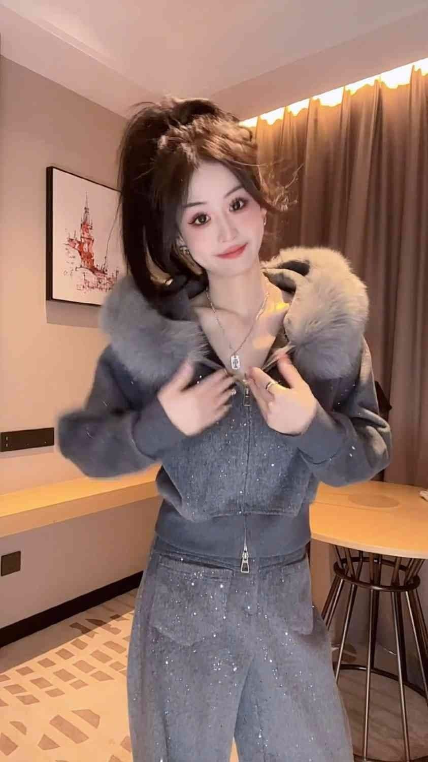 패션 외국 가스 캐주얼 털이 있는 세트 새로운 스팽글 겨울 후드 재킷 와이드 레그 팬츠 투피스 세트 상세 이미지 13