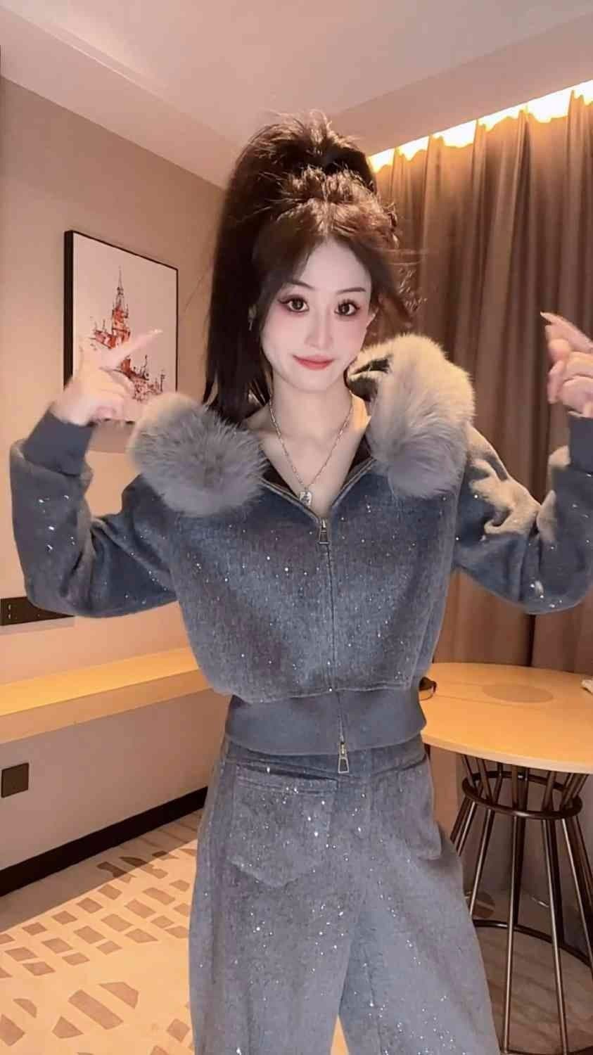 패션 외국 가스 캐주얼 털이 있는 세트 새로운 스팽글 겨울 후드 재킷 와이드 레그 팬츠 투피스 세트 상세 이미지 14