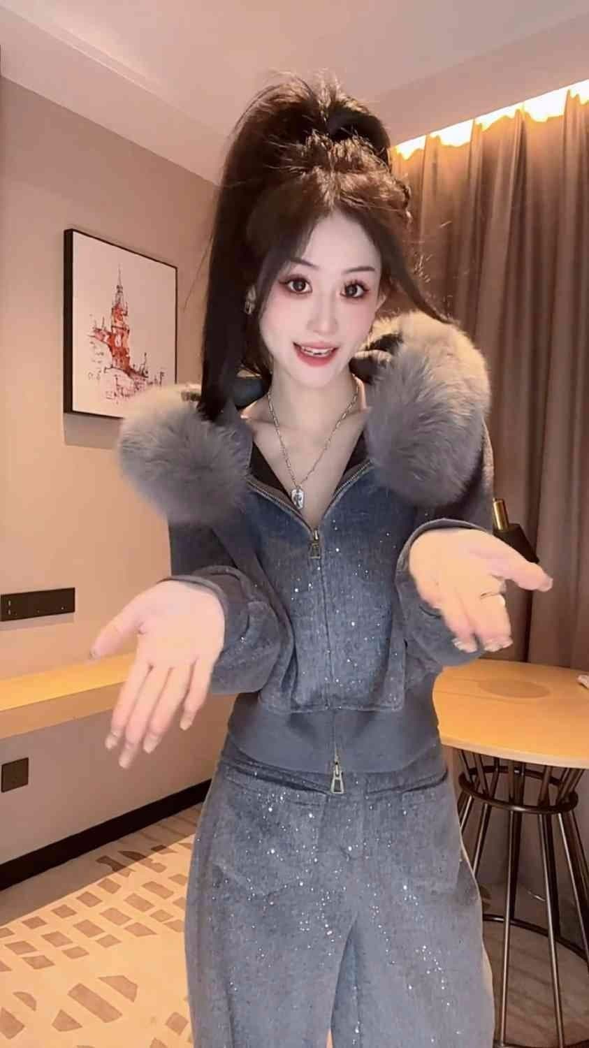 패션 외국 가스 캐주얼 털이 있는 세트 새로운 스팽글 겨울 후드 재킷 와이드 레그 팬츠 투피스 세트 상세 이미지 15