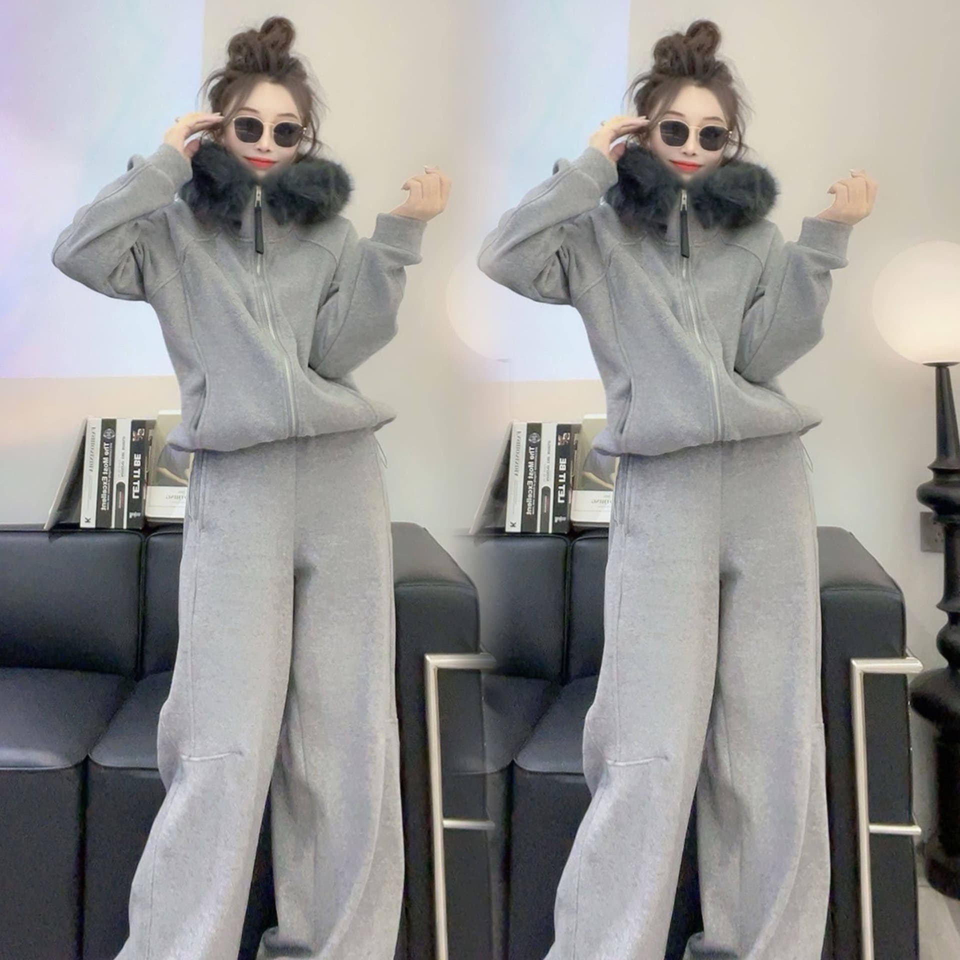 순수한 Mianhua 면 복잡한 슈퍼 부드러운 유럽 역 가을 새로운 한국 스타일 루즈핏 모피 칼라 지퍼 재킷 긴 바지 세트 상세 이미지 8