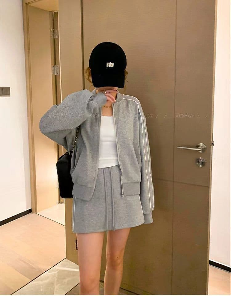 패션 캐주얼 스포츠 슈트 여성 가을 의상 고급 센스 지퍼 후드티 오픈 가디건 반신 스커트 외국 가스 연령 감소 투피스 세트 상세 이미지 10