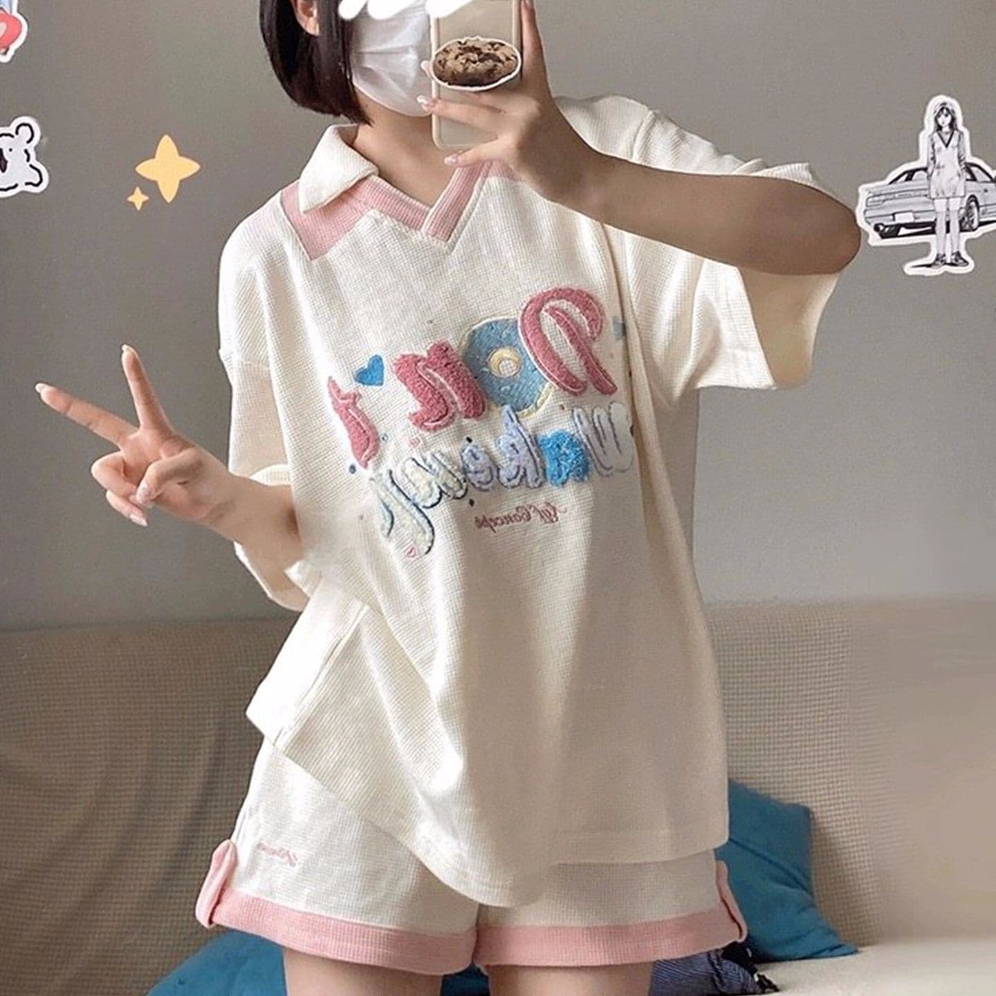 6535 Mianhua 남편 그리드 원본 수건 자수 원본 것 도파민 소녀 귀여운 서비스 세트 투피스 세트
