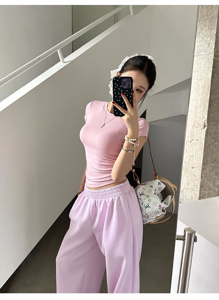 아메리칸 핫걸 핑크색 하이웨이스트 넓은 다리 웨이 바지 여성 봄 여름 느긋한 루즈핏 캐주얼 다용도 바닥 청소 긴 바지 상세 이미지 2