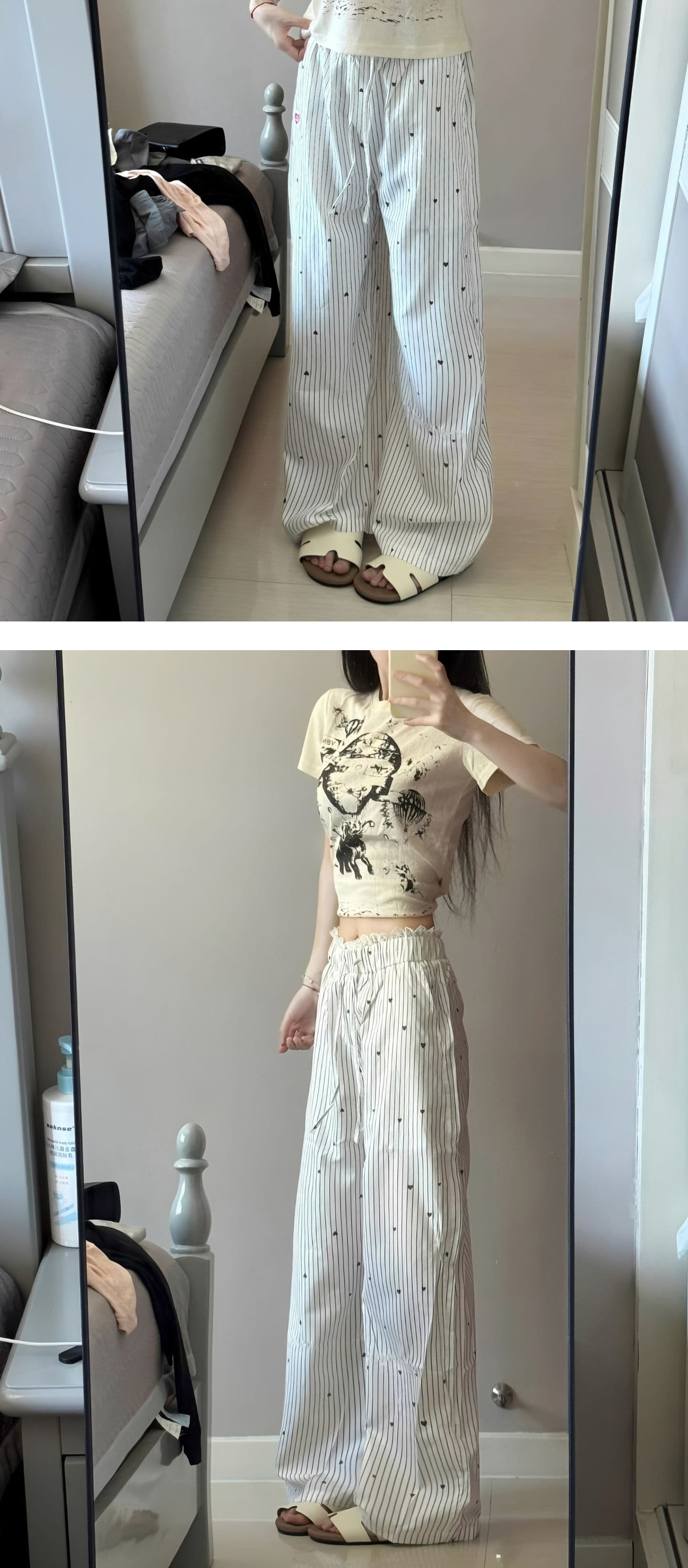 원본 원단 레이스 조각 스트라이프 와이드 레그 팬츠 여름 루즈핏 느긋한 바람 롱 바지 트렌디 ins 상세 이미지 5