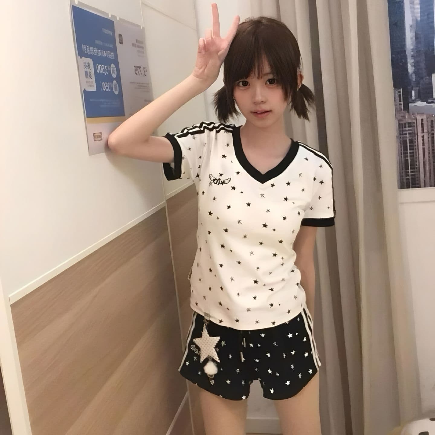 원본 원단 별 프린트 패치워크 반바지 여름 새로운 작은 키 넓은 다리 스트레이트 바지 트렌디 이미지 2