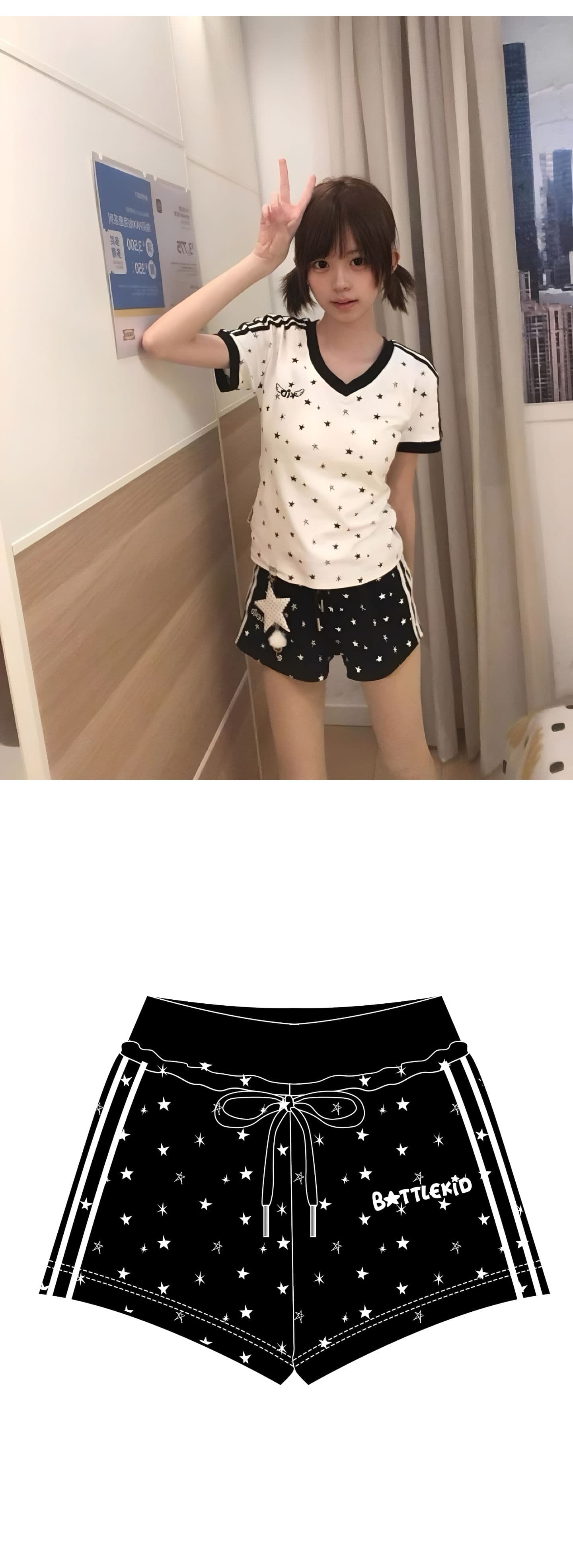원본 원단 별 프린트 패치워크 반바지 여름 새로운 작은 키 넓은 다리 스트레이트 바지 트렌디 상세 이미지 3