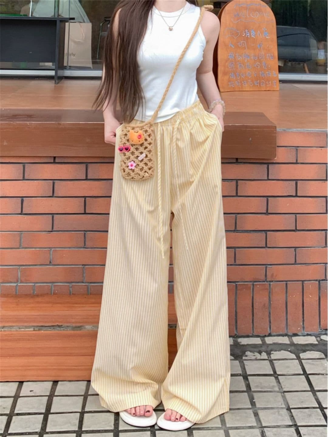 높은 품질 원본 원본 천 파란색과 흰색 스트라이프 여름 얇은 스타일 루즈핏 느긋한 센스 펌프 로프 캐주얼 바지 이미지 4