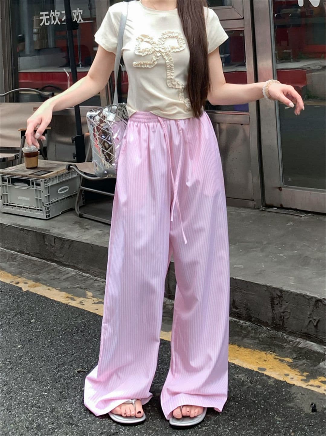 높은 품질 원본 원본 천 파란색과 흰색 스트라이프 여름 얇은 스타일 루즈핏 느긋한 센스 펌프 로프 캐주얼 바지 상세 이미지 1