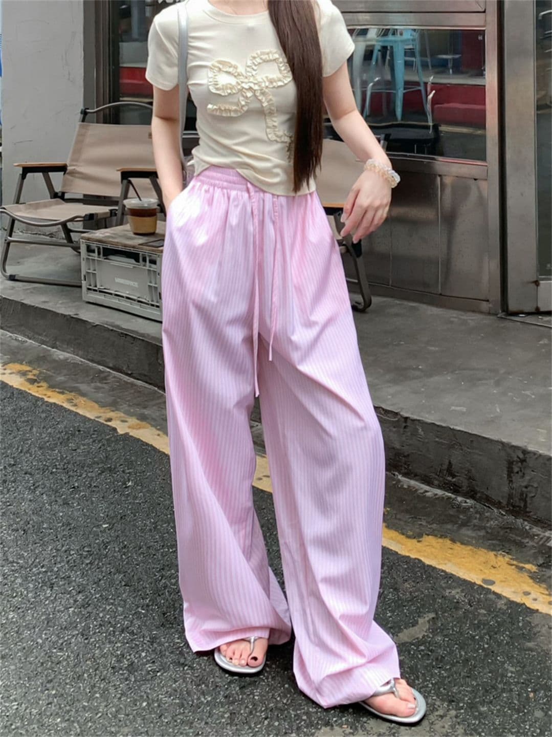 높은 품질 원본 원본 천 파란색과 흰색 스트라이프 여름 얇은 스타일 루즈핏 느긋한 센스 펌프 로프 캐주얼 바지 상세 이미지 2