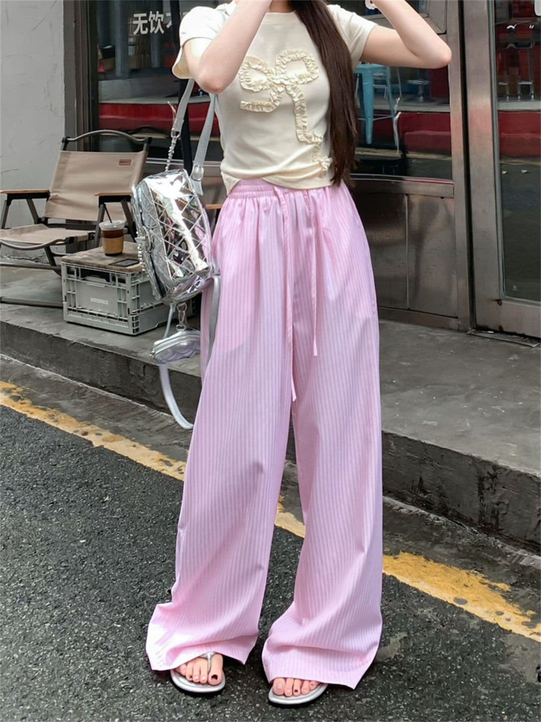 높은 품질 원본 원본 천 파란색과 흰색 스트라이프 여름 얇은 스타일 루즈핏 느긋한 센스 펌프 로프 캐주얼 바지 상세 이미지 4