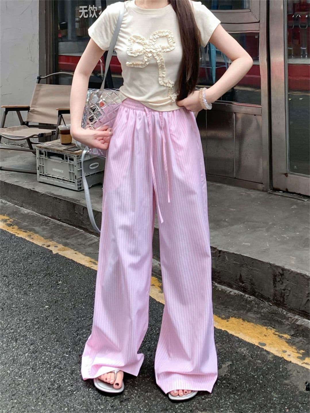 높은 품질 원본 원본 천 파란색과 흰색 스트라이프 여름 얇은 스타일 루즈핏 느긋한 센스 펌프 로프 캐주얼 바지 상세 이미지 5