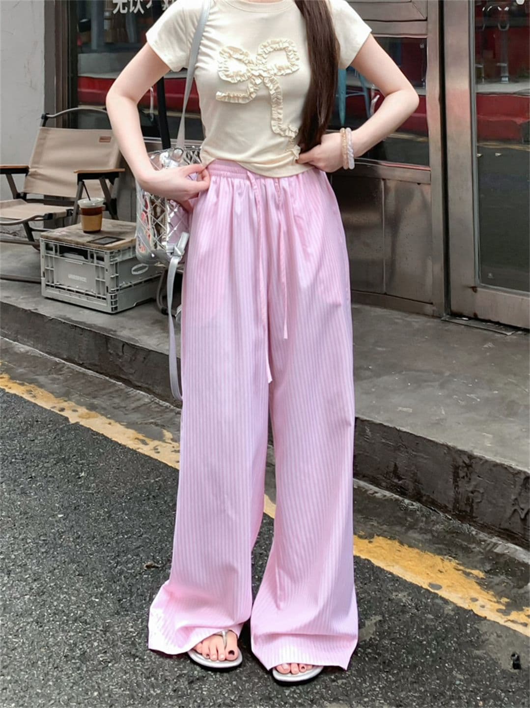 높은 품질 원본 원본 천 파란색과 흰색 스트라이프 여름 얇은 스타일 루즈핏 느긋한 센스 펌프 로프 캐주얼 바지 상세 이미지 6