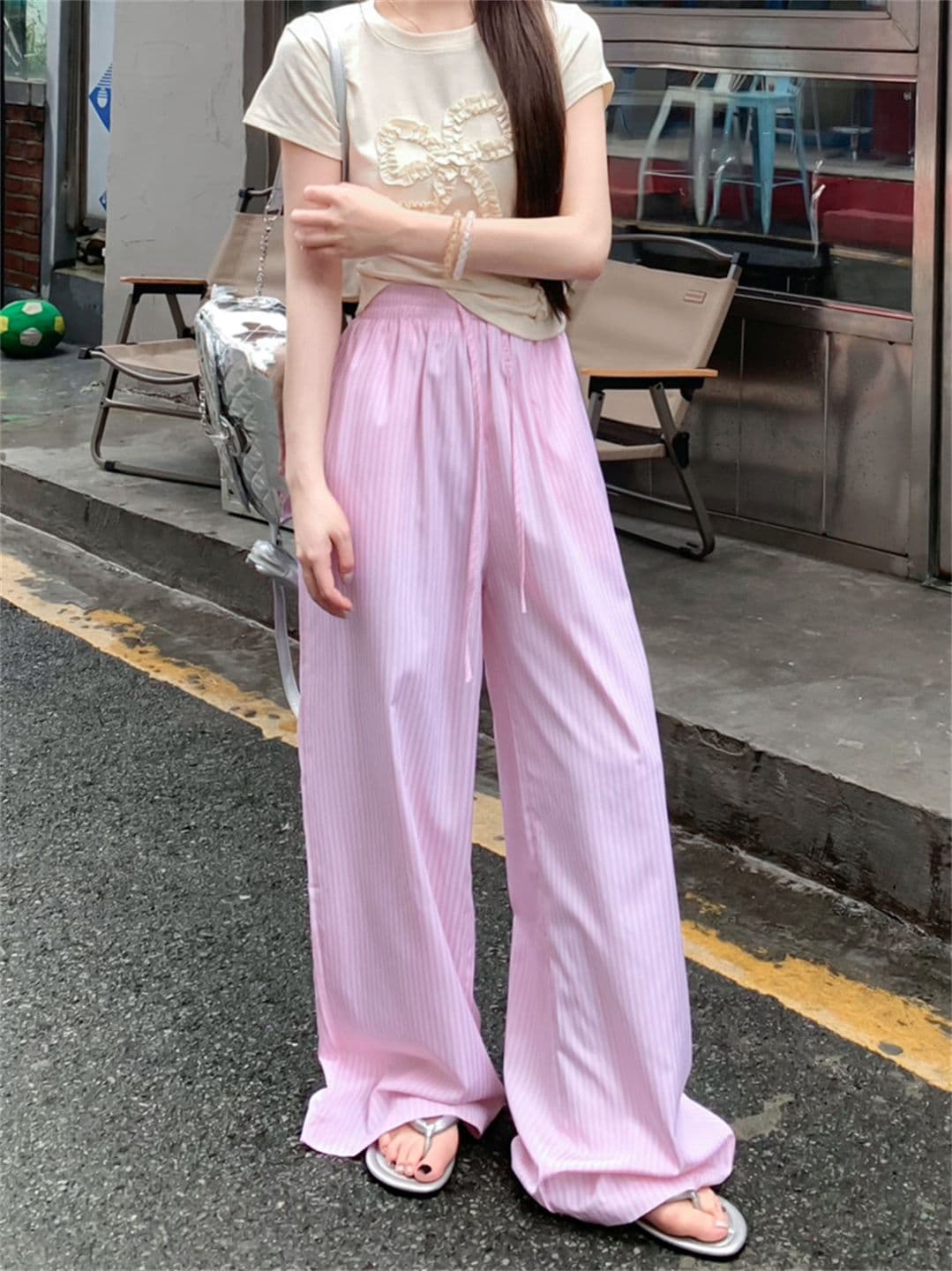 높은 품질 원본 원본 천 파란색과 흰색 스트라이프 여름 얇은 스타일 루즈핏 느긋한 센스 펌프 로프 캐주얼 바지 상세 이미지 7