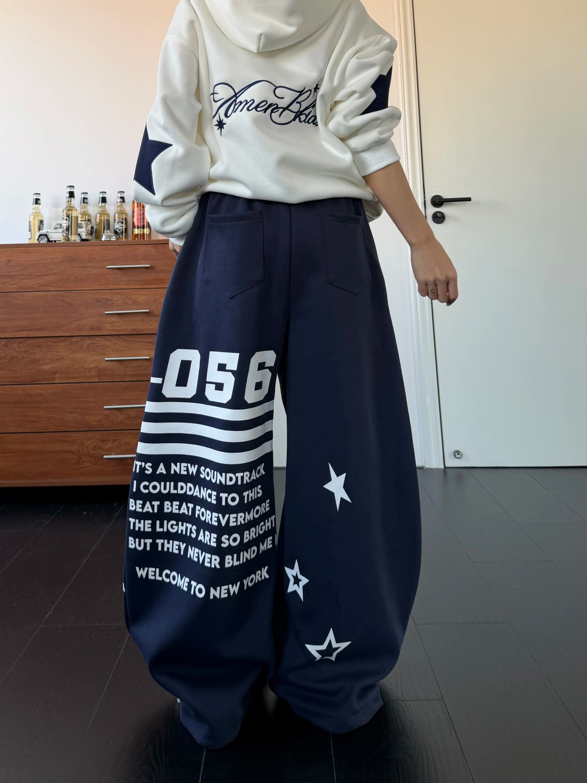 아메리칸 레트로 숫자 알파벳 오각형 별 프린트 더블 허리 머리 캐주얼 바지 여성 루즈핏 스트리트 댄스 넓은 다리 길이 바지 트렌디 이미지 2