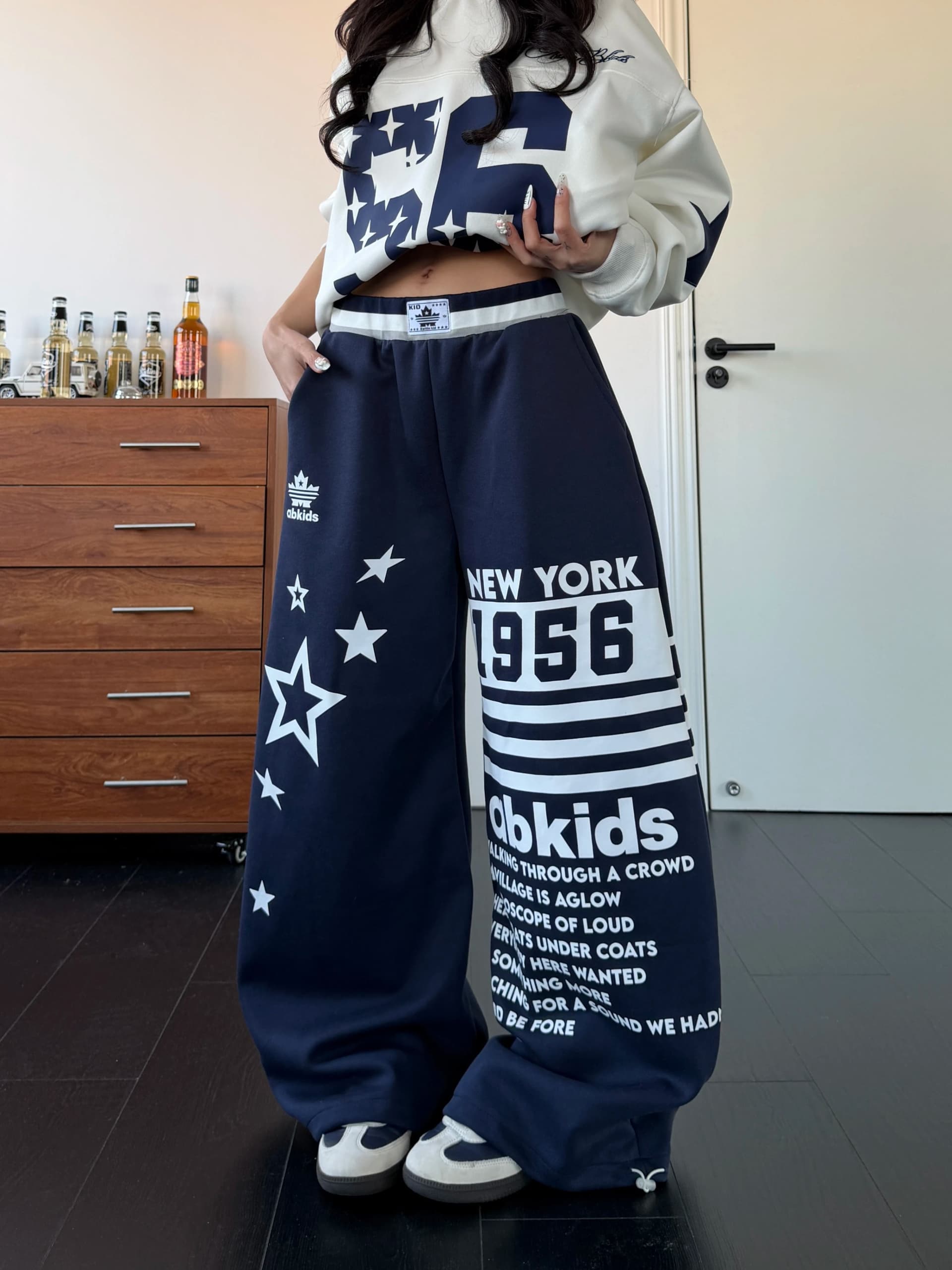 아메리칸 레트로 숫자 알파벳 오각형 별 프린트 더블 허리 머리 캐주얼 바지 여성 루즈핏 스트리트 댄스 넓은 다리 길이 바지 트렌디 상세 이미지 7