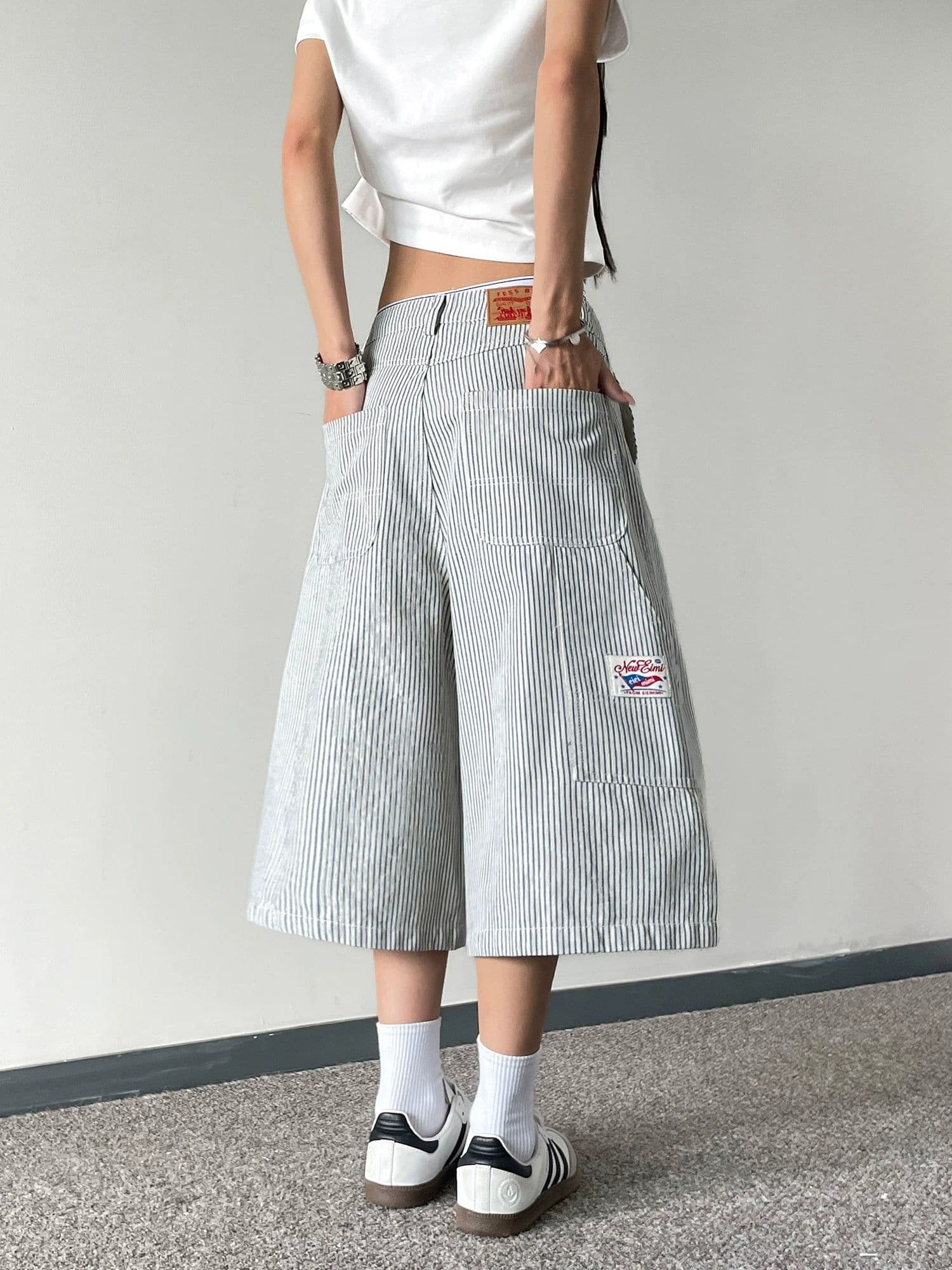 좋은 품질 원본 것 아메리칸 레트로 핀 스트라이프 7부 바지 여성 넓은 다리 캐주얼 반바지 ins 트렌디 상세 이미지 5