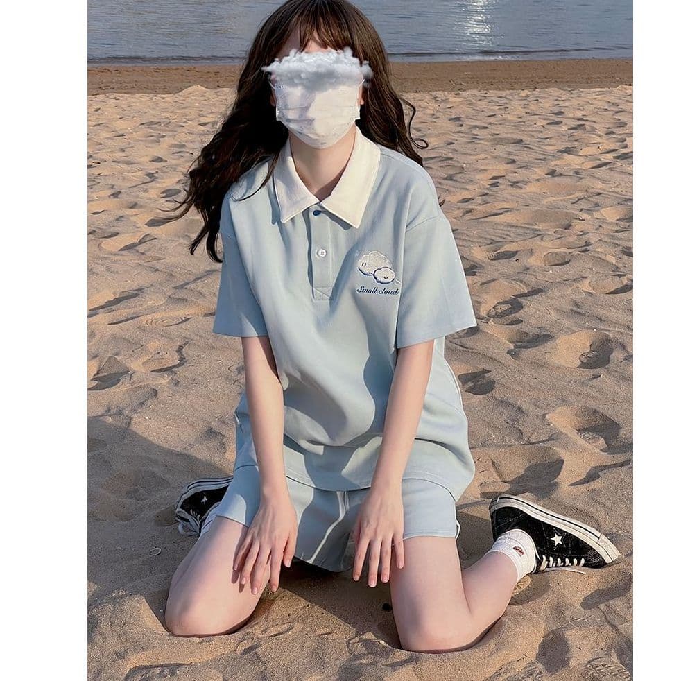 원본 높은 품질 솜씨 구름 자수 학원 스타일 POLO 셔츠 반바지 여성 폴로 칼라 반팔 티셔츠 투피스 세트 여름 이미지 3