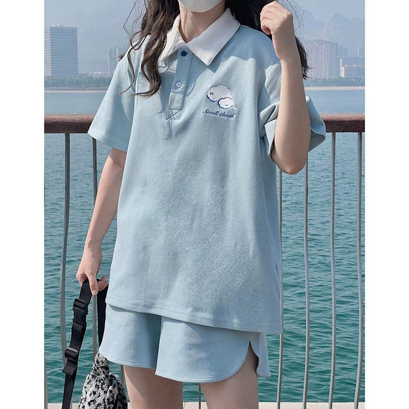 원본 높은 품질 솜씨 구름 자수 학원 스타일 POLO 셔츠 반바지 여성 폴로 칼라 반팔 티셔츠 투피스 세트 여름 상세 이미지 2