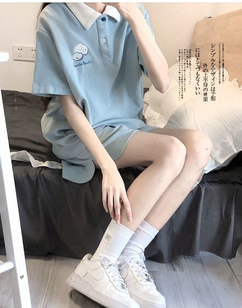 원본 높은 품질 솜씨 구름 자수 학원 스타일 POLO 셔츠 반바지 여성 폴로 칼라 반팔 티셔츠 투피스 세트 여름 상세 이미지 3