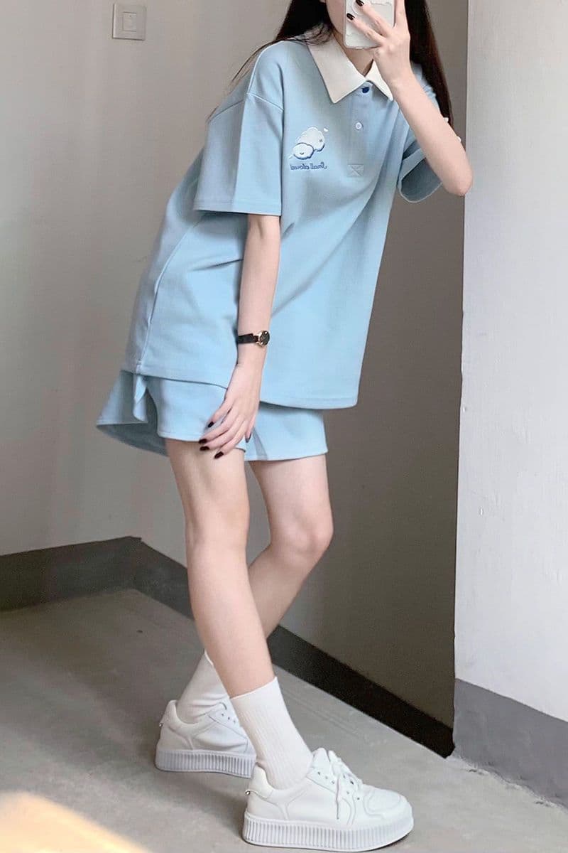 원본 높은 품질 솜씨 구름 자수 학원 스타일 POLO 셔츠 반바지 여성 폴로 칼라 반팔 티셔츠 투피스 세트 여름 상세 이미지 4