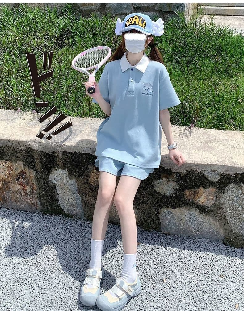 원본 높은 품질 솜씨 구름 자수 학원 스타일 POLO 셔츠 반바지 여성 폴로 칼라 반팔 티셔츠 투피스 세트 여름 상세 이미지 6