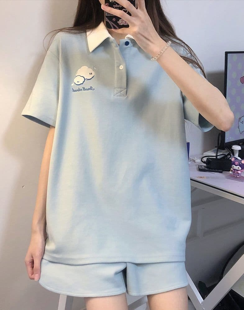 원본 높은 품질 솜씨 구름 자수 학원 스타일 POLO 셔츠 반바지 여성 폴로 칼라 반팔 티셔츠 투피스 세트 여름 상세 이미지 7