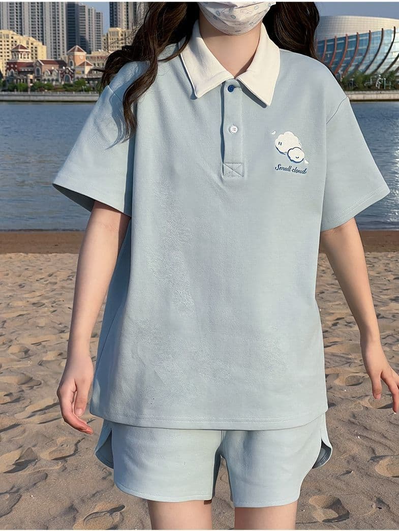 원본 높은 품질 솜씨 구름 자수 학원 스타일 POLO 셔츠 반바지 여성 폴로 칼라 반팔 티셔츠 투피스 세트 여름 상세 이미지 8