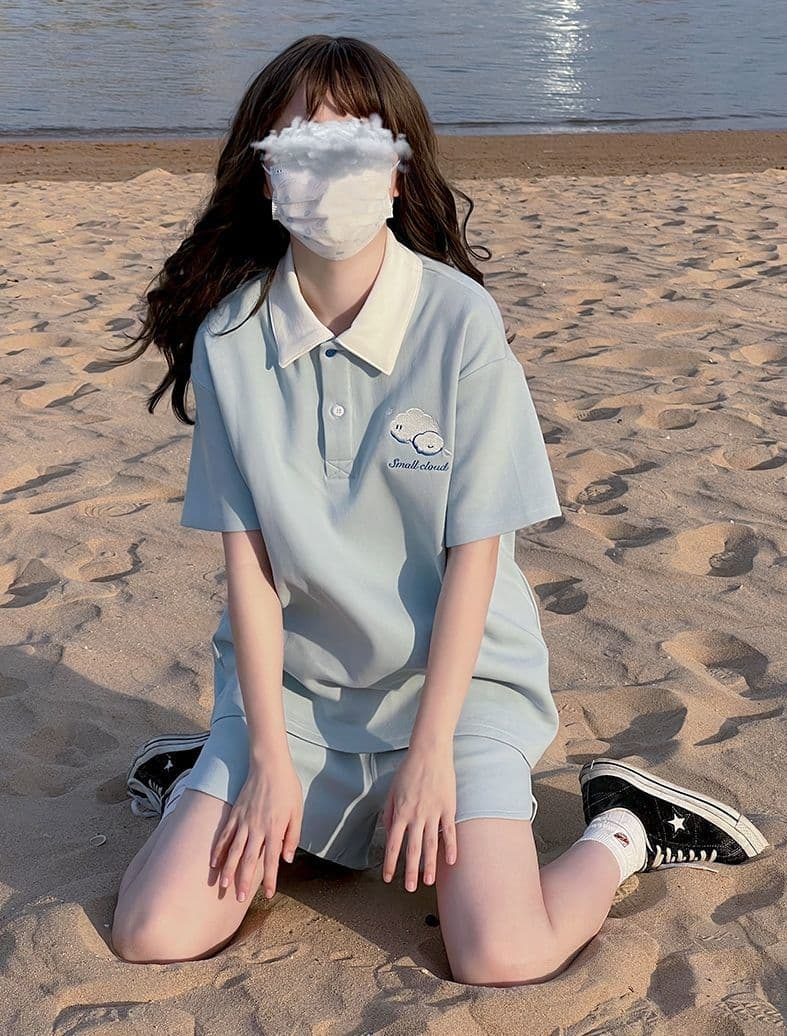 원본 높은 품질 솜씨 구름 자수 학원 스타일 POLO 셔츠 반바지 여성 폴로 칼라 반팔 티셔츠 투피스 세트 여름 상세 이미지 9