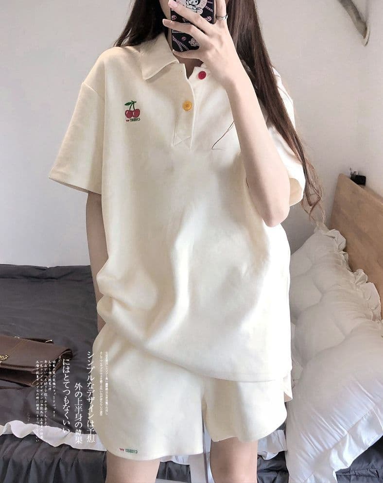 원본 높은 품질 솜씨 학원 스타일 루즈핏 POLO 셔츠 폴로 칼라 반팔 티셔츠 넓은 다리가 짧다. 바지 여성 투피스 세트 여름 상세 이미지 2