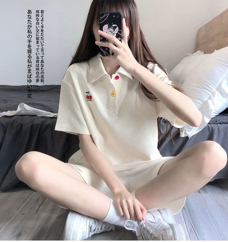 원본 높은 품질 솜씨 학원 스타일 루즈핏 POLO 셔츠 폴로 칼라 반팔 티셔츠 넓은 다리가 짧다. 바지 여성 투피스 세트 여름 상세 이미지 3