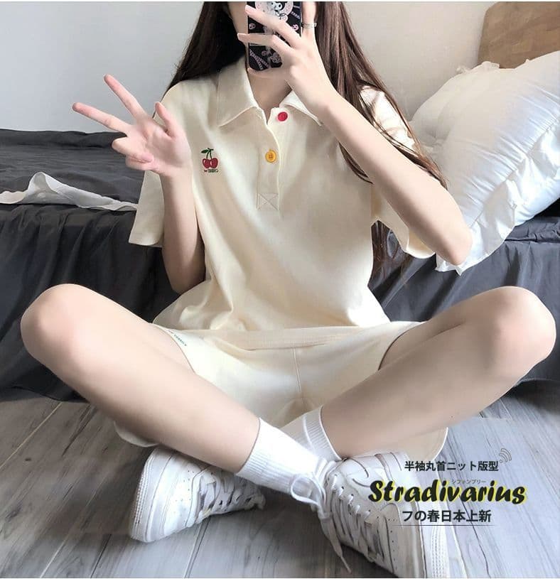 원본 높은 품질 솜씨 학원 스타일 루즈핏 POLO 셔츠 폴로 칼라 반팔 티셔츠 넓은 다리가 짧다. 바지 여성 투피스 세트 여름 상세 이미지 4