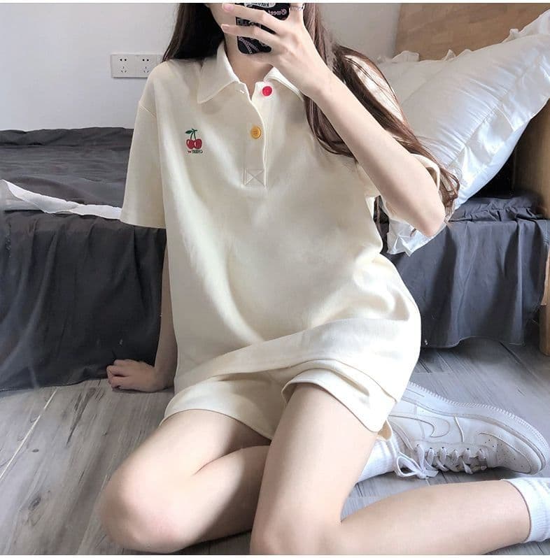 원본 높은 품질 솜씨 학원 스타일 루즈핏 POLO 셔츠 폴로 칼라 반팔 티셔츠 넓은 다리가 짧다. 바지 여성 투피스 세트 여름 상세 이미지 5