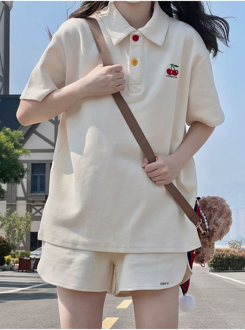 원본 높은 품질 솜씨 학원 스타일 루즈핏 POLO 셔츠 폴로 칼라 반팔 티셔츠 넓은 다리가 짧다. 바지 여성 투피스 세트 여름 상세 이미지 6