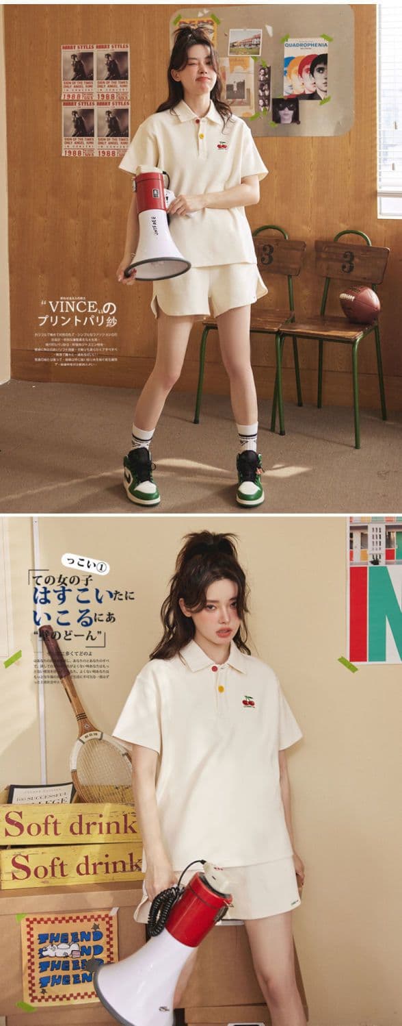 원본 높은 품질 솜씨 학원 스타일 루즈핏 POLO 셔츠 폴로 칼라 반팔 티셔츠 넓은 다리가 짧다. 바지 여성 투피스 세트 여름 상세 이미지 7