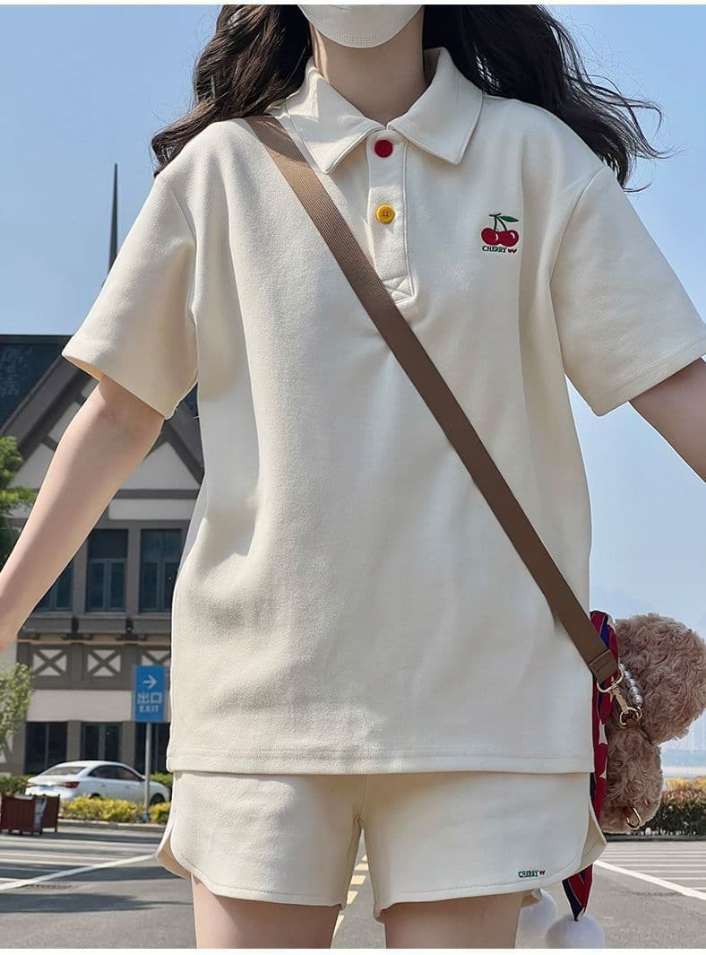 원본 높은 품질 솜씨 학원 스타일 루즈핏 POLO 셔츠 폴로 칼라 반팔 티셔츠 넓은 다리가 짧다. 바지 여성 투피스 세트 여름 상세 이미지 8