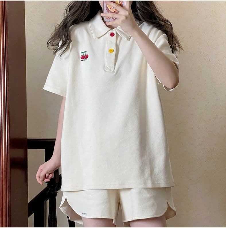 원본 높은 품질 솜씨 학원 스타일 루즈핏 POLO 셔츠 폴로 칼라 반팔 티셔츠 넓은 다리가 짧다. 바지 여성 투피스 세트 여름 상세 이미지 9
