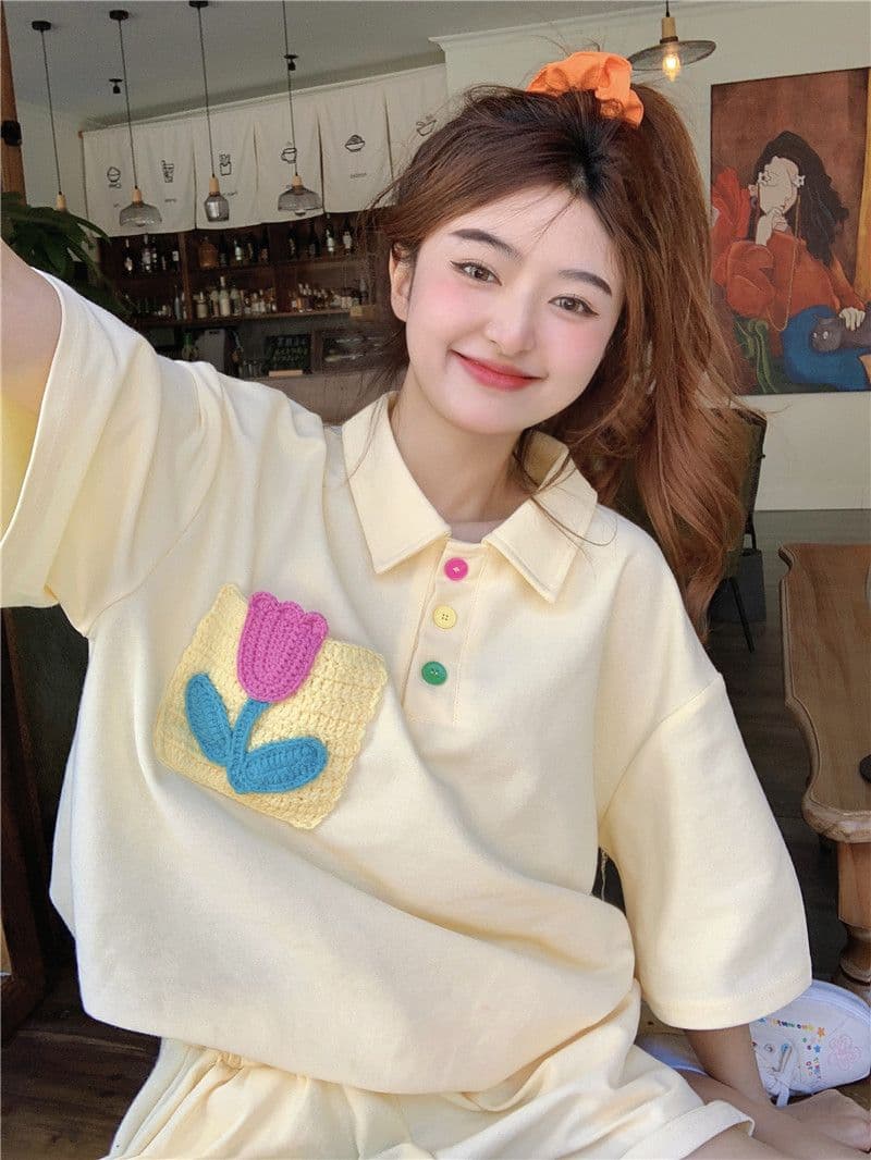 원본 높은 품질 솜씨 학원 스타일 루즈핏 꽃 자수 POLO 셔츠 폴로 칼라 반팔 반바지 세트 여성 여름 상세 이미지 3