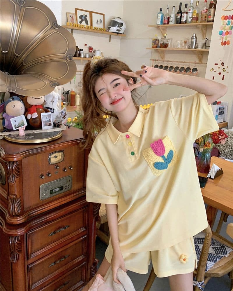원본 높은 품질 솜씨 학원 스타일 루즈핏 꽃 자수 POLO 셔츠 폴로 칼라 반팔 반바지 세트 여성 여름 상세 이미지 5