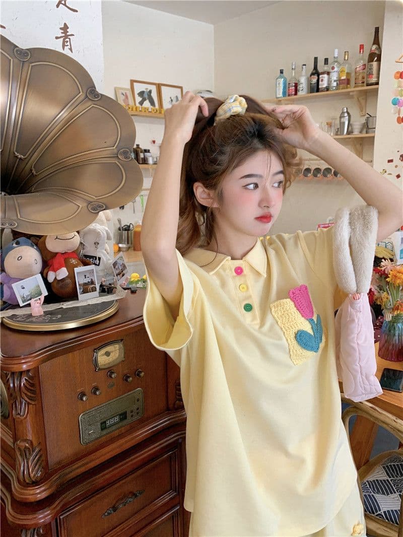 원본 높은 품질 솜씨 학원 스타일 루즈핏 꽃 자수 POLO 셔츠 폴로 칼라 반팔 반바지 세트 여성 여름 상세 이미지 6