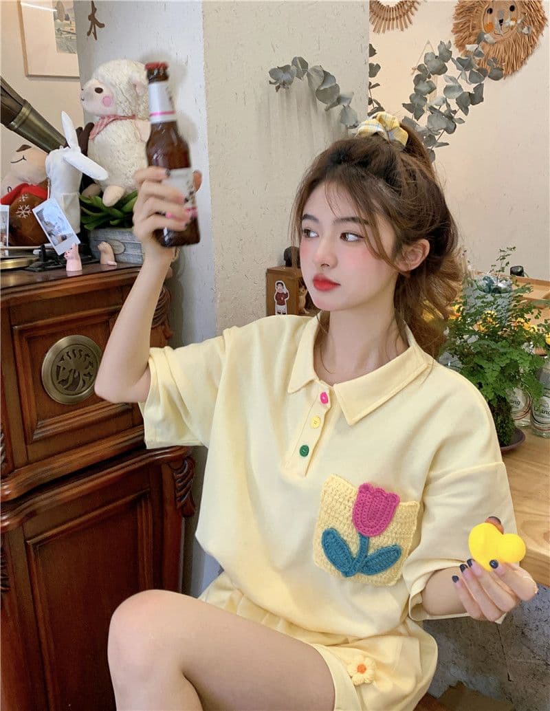 원본 높은 품질 솜씨 학원 스타일 루즈핏 꽃 자수 POLO 셔츠 폴로 칼라 반팔 반바지 세트 여성 여름 상세 이미지 8