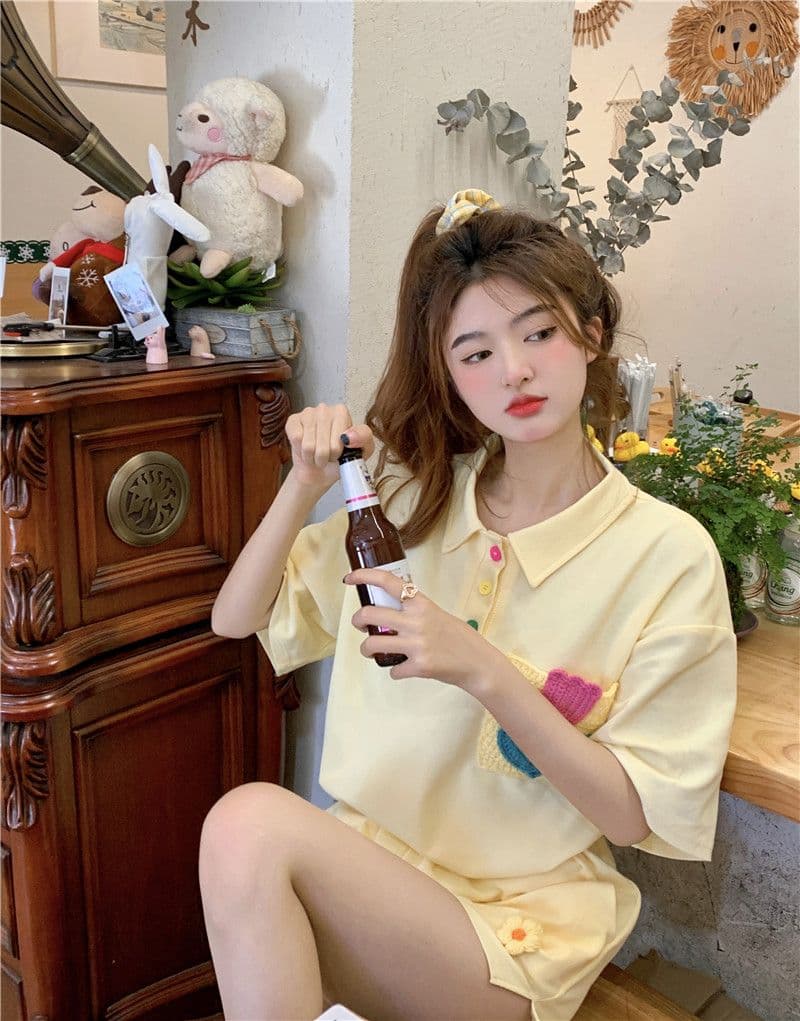 원본 높은 품질 솜씨 학원 스타일 루즈핏 꽃 자수 POLO 셔츠 폴로 칼라 반팔 반바지 세트 여성 여름 상세 이미지 10