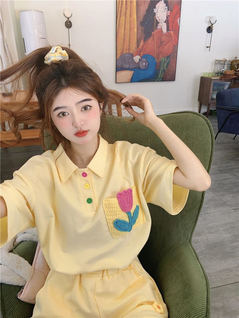 원본 높은 품질 솜씨 학원 스타일 루즈핏 꽃 자수 POLO 셔츠 폴로 칼라 반팔 반바지 세트 여성 여름 상세 이미지 11