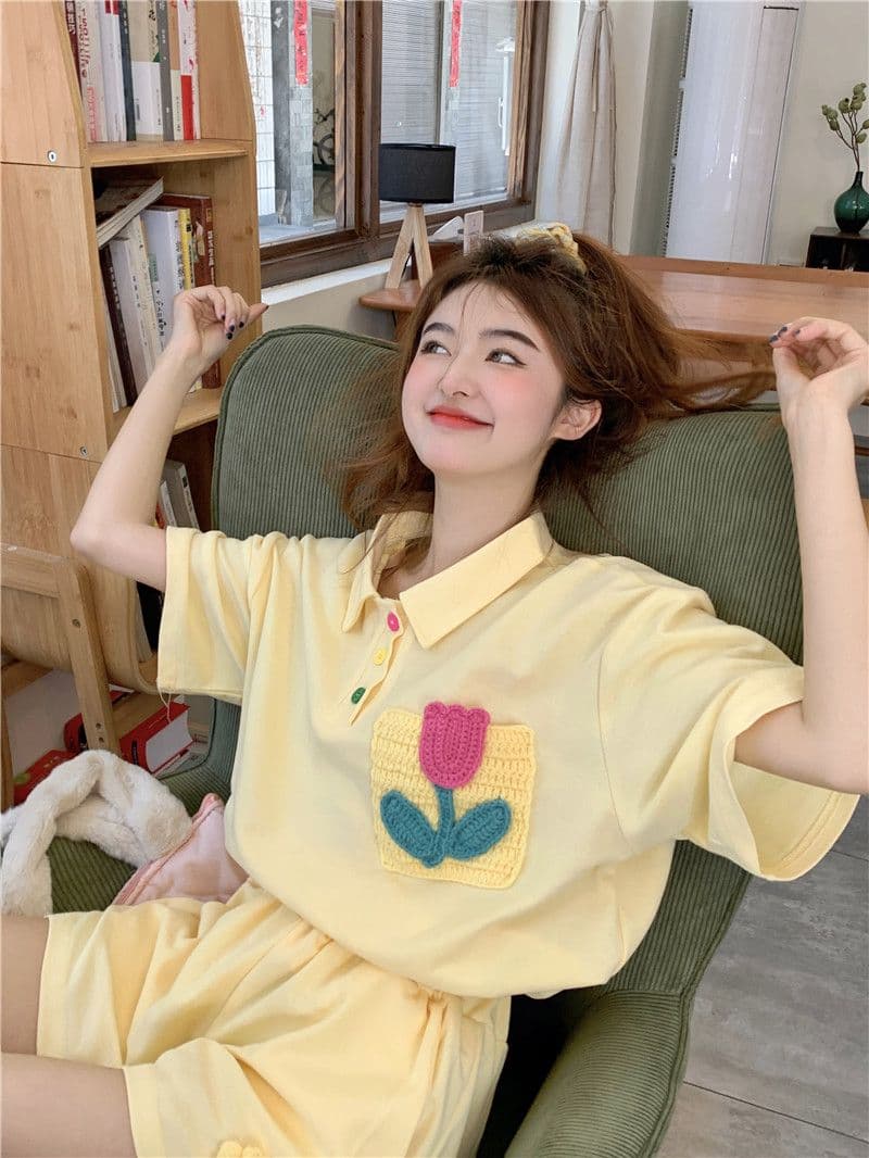 원본 높은 품질 솜씨 학원 스타일 루즈핏 꽃 자수 POLO 셔츠 폴로 칼라 반팔 반바지 세트 여성 여름 상세 이미지 14