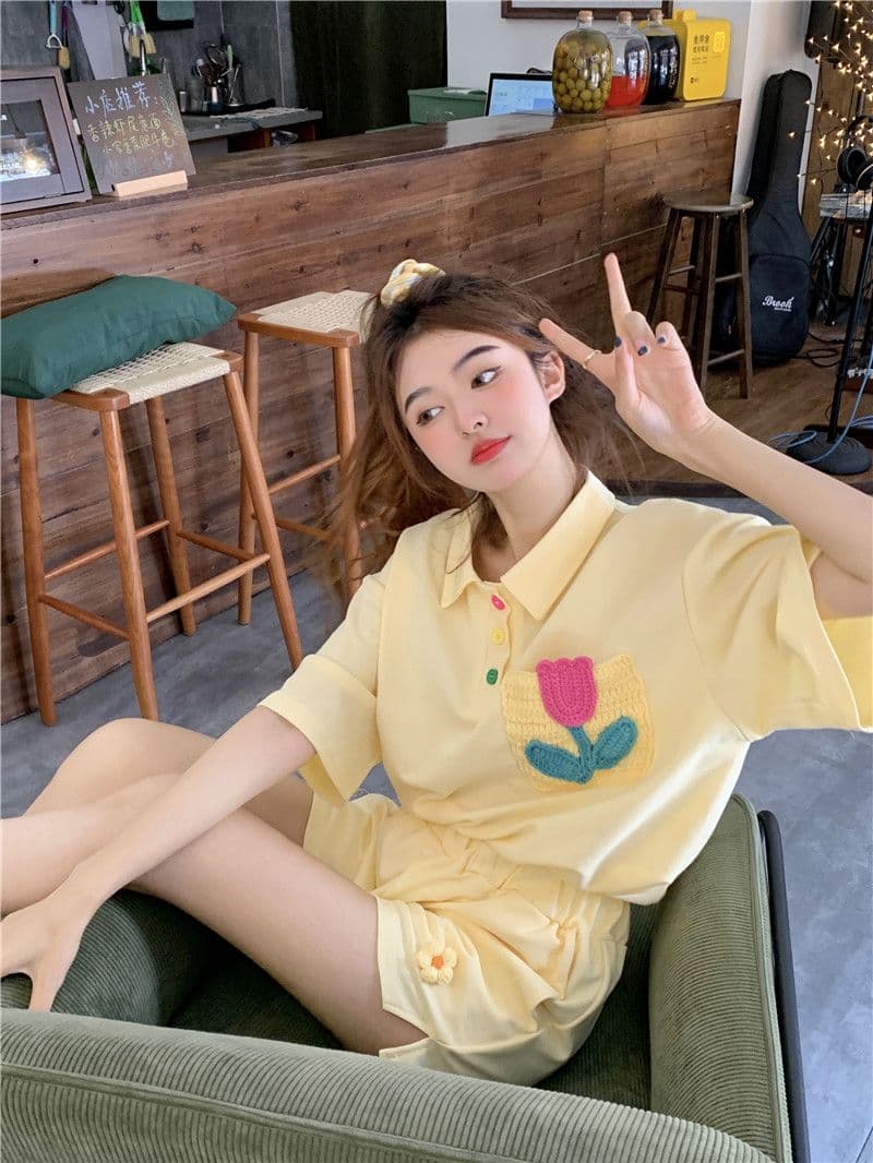 원본 높은 품질 솜씨 학원 스타일 루즈핏 꽃 자수 POLO 셔츠 폴로 칼라 반팔 반바지 세트 여성 여름 상세 이미지 15