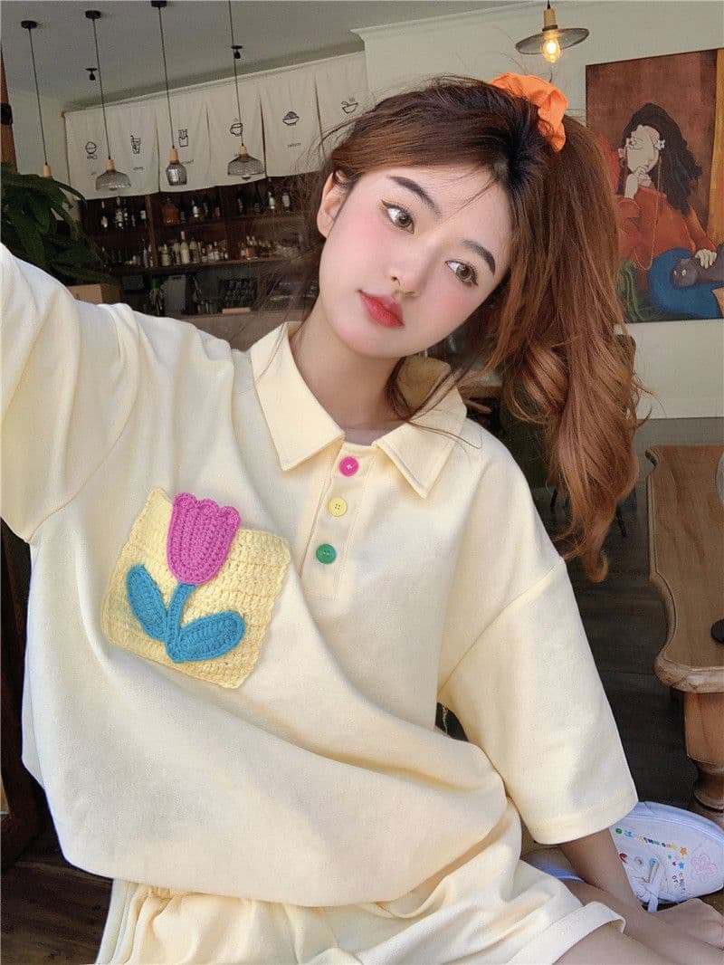 원본 높은 품질 솜씨 학원 스타일 루즈핏 꽃 자수 POLO 셔츠 폴로 칼라 반팔 반바지 세트 여성 여름 상세 이미지 16