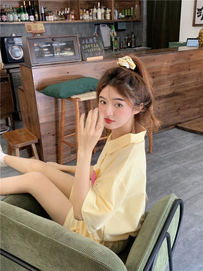 원본 높은 품질 솜씨 학원 스타일 루즈핏 꽃 자수 POLO 셔츠 폴로 칼라 반팔 반바지 세트 여성 여름 상세 이미지 18