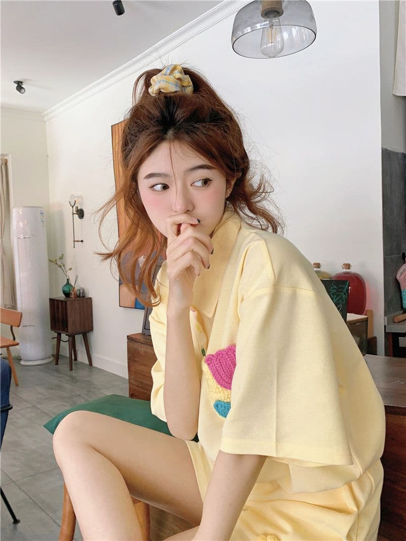 원본 높은 품질 솜씨 학원 스타일 루즈핏 꽃 자수 POLO 셔츠 폴로 칼라 반팔 반바지 세트 여성 여름 상세 이미지 19
