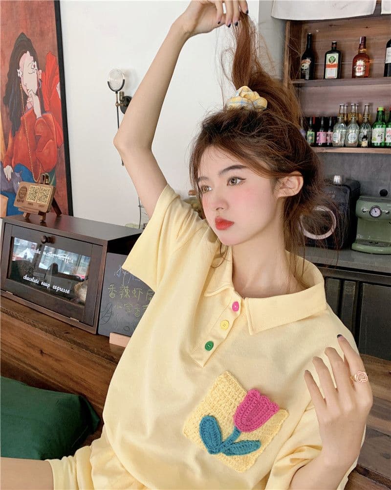원본 높은 품질 솜씨 학원 스타일 루즈핏 꽃 자수 POLO 셔츠 폴로 칼라 반팔 반바지 세트 여성 여름 상세 이미지 20
