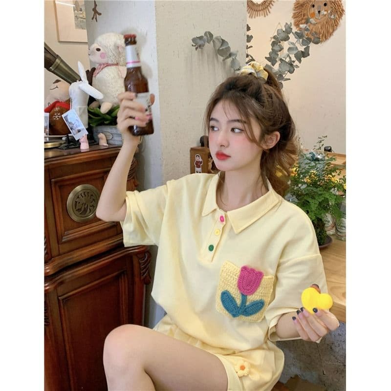 원본 높은 품질 솜씨 학원 스타일 루즈핏 꽃 자수 POLO 셔츠 폴로 칼라 반팔 반바지 세트 여성 여름 상세 이미지 24